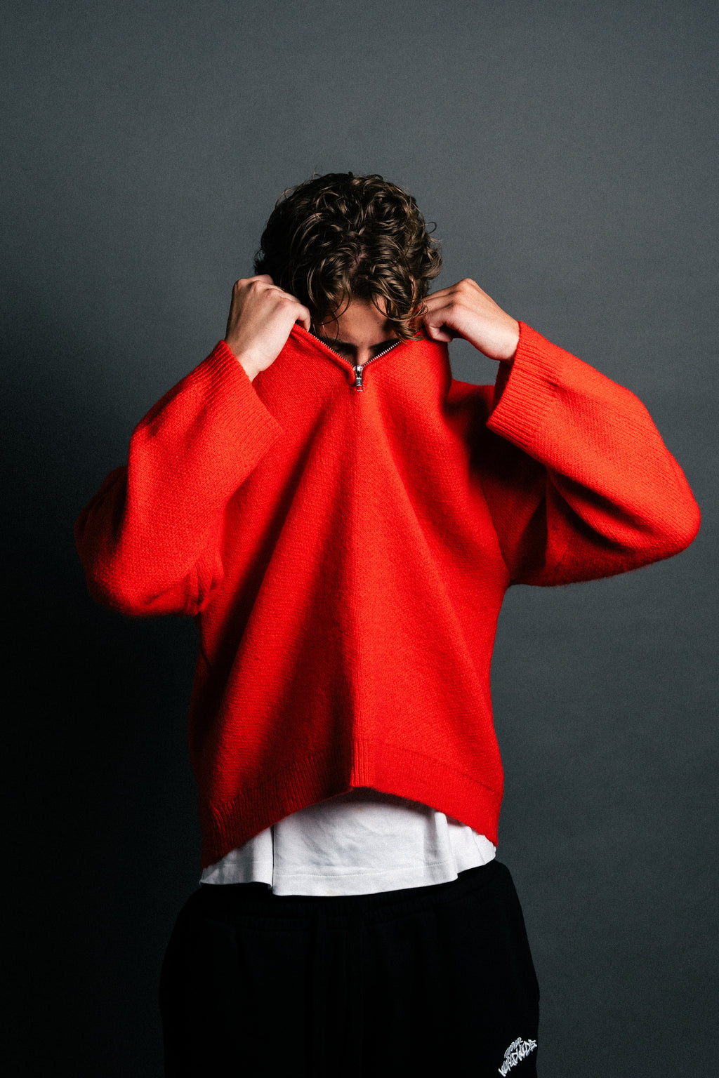 RED MOHAIR QUARTER-ZIP