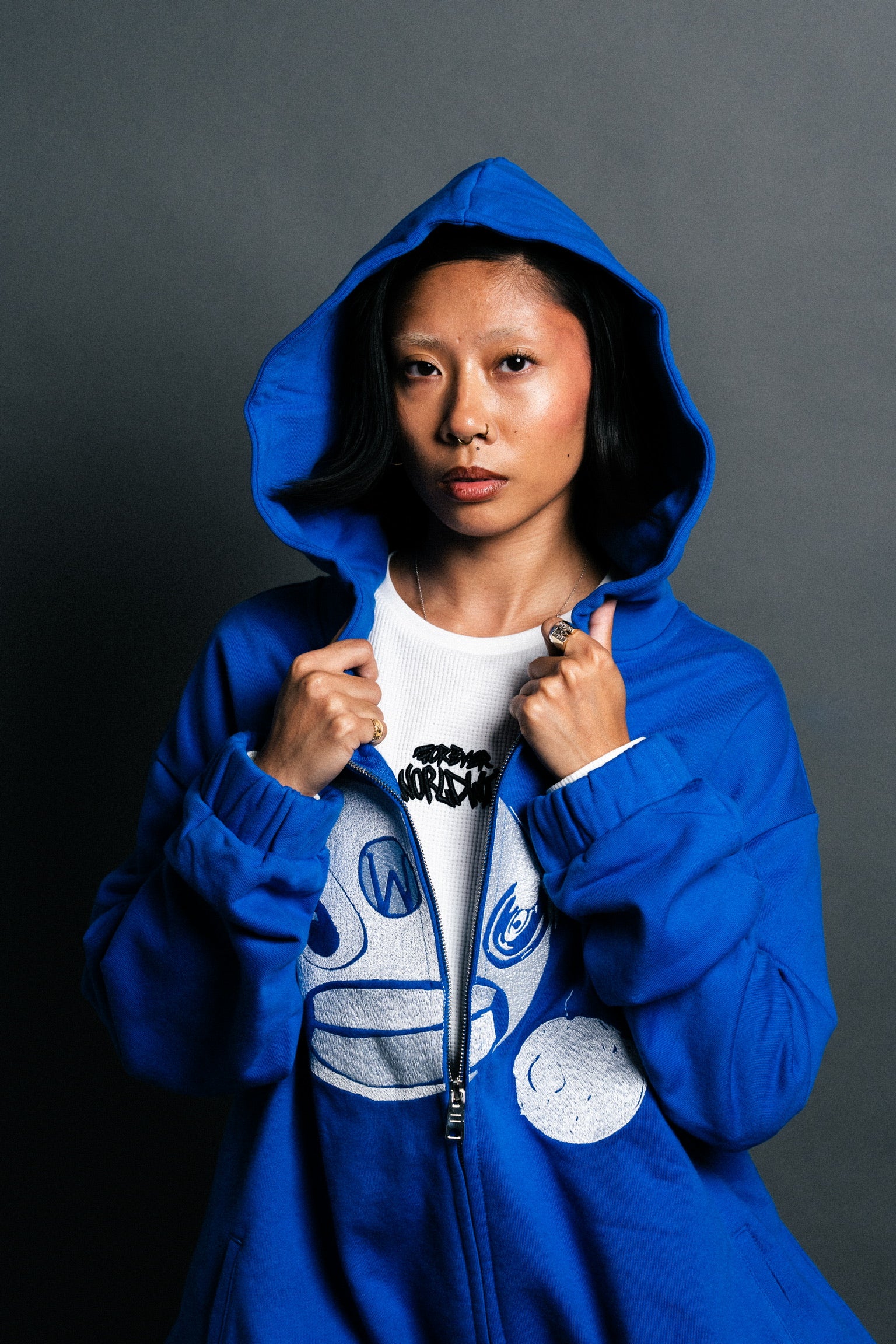 CROPPED DOUBLE ZIP HOODIE - BLUE